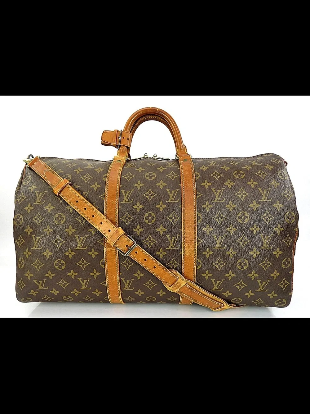 Louis Vuitton Brown Monogram Travel Duffel with Tan Leather Trim